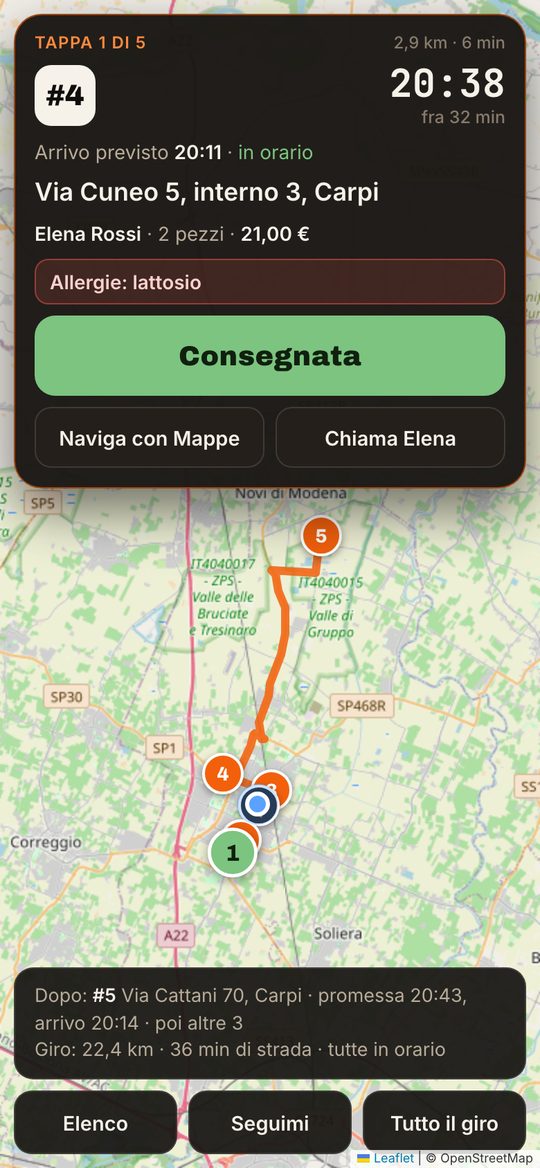Il giro del fattorino sul telefono, con la mappa e la consegna in corso