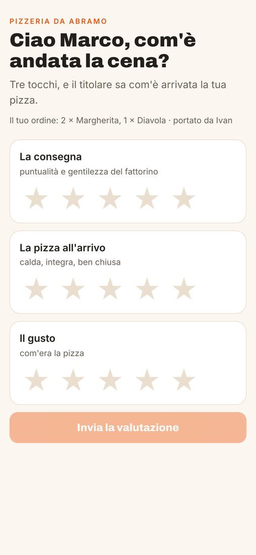 La pagina della valutazione sul telefono del cliente